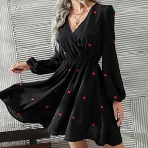 Black & Red Heart Embroidery Lantern Sleeve A-Line Dress